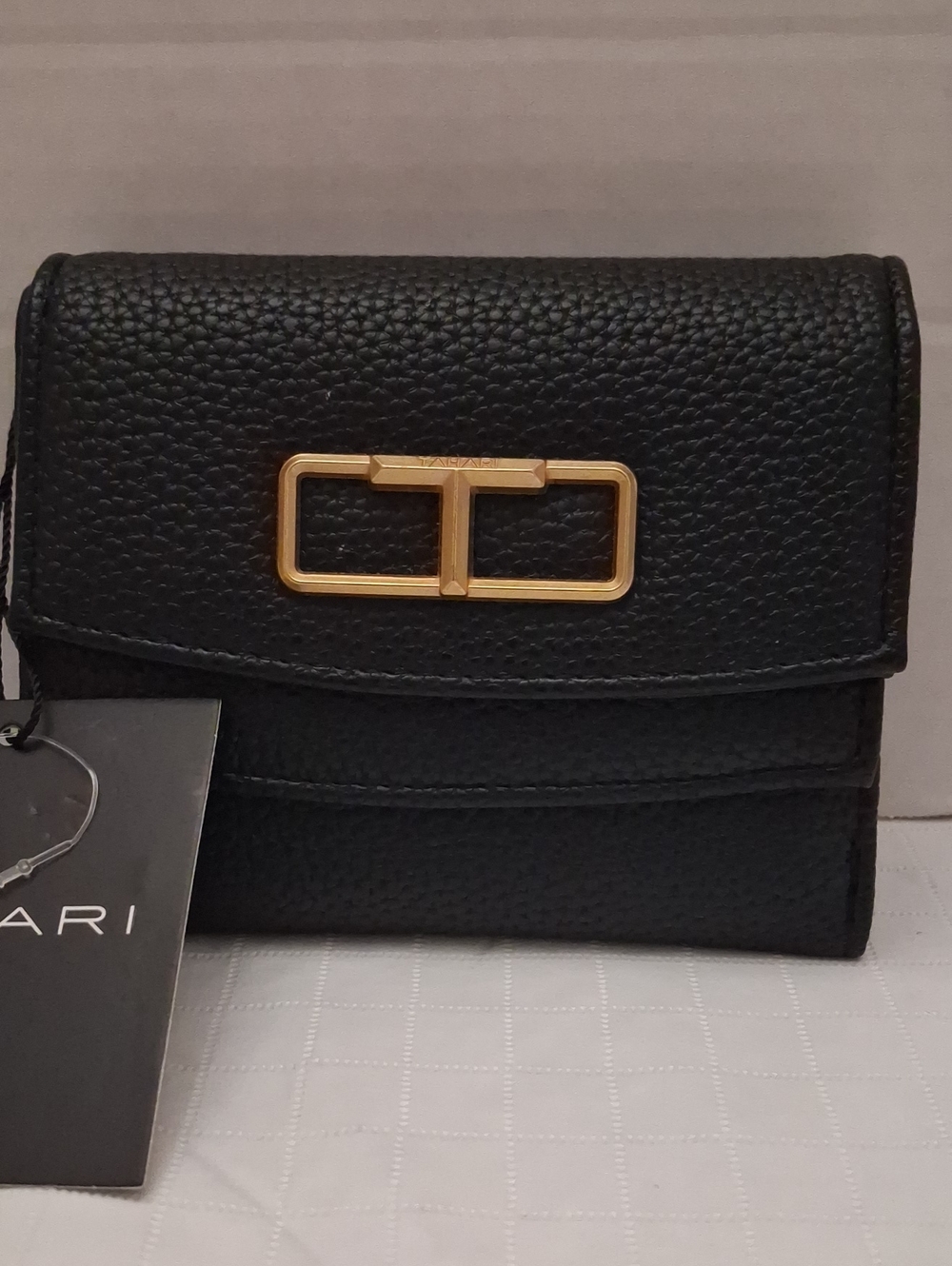 Tahari Elia Small Black Faux Leather Trifold Wallet with Gold Hardware